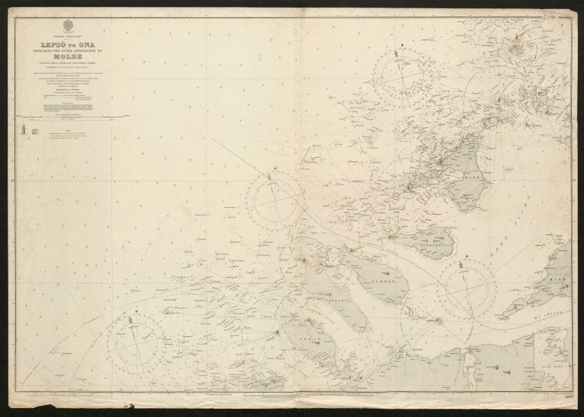 Norway coast sea chart. Lepso - Ona. Molde approaches. Admiralty 1904 map